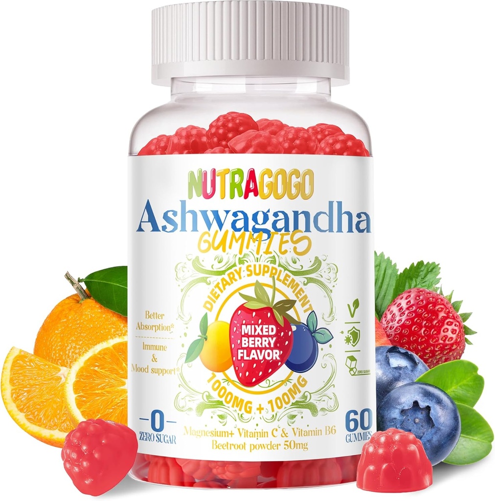 Ashwagandha Gummies & Vitamin D3 Gummies 60 Count - Organic Aswangdha Supplement for Improve Sleep, Stress Relief & Mood Calm(Mixed Berry, Vegan, Plant Based,Gluten-Free & Gelatine Free)-1pack