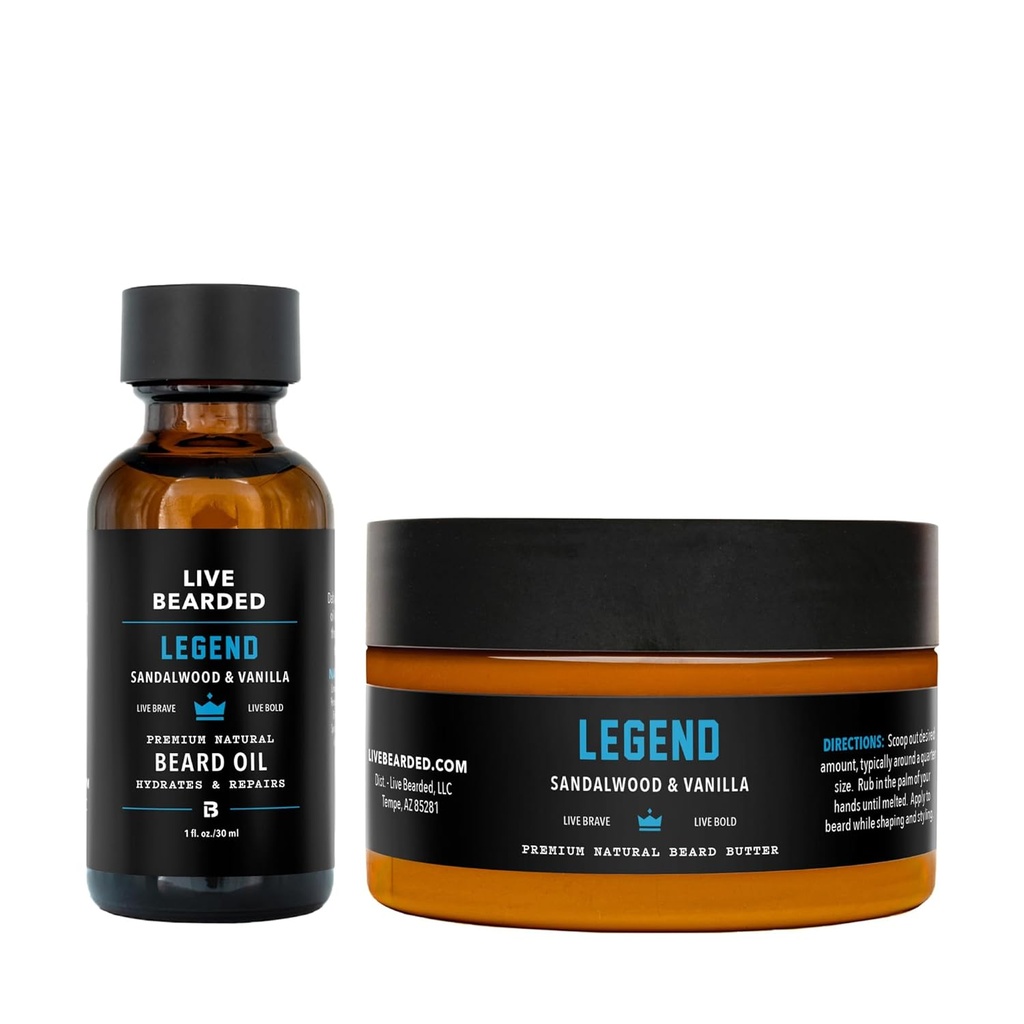 Live Bearded Beard Oil and Butter Grooming Kit - Made in the USA - All-Natural Ingredients with Shea, Argan, Jojoba - Growth Support - Legend Scent - Sandalwood, Vanilla