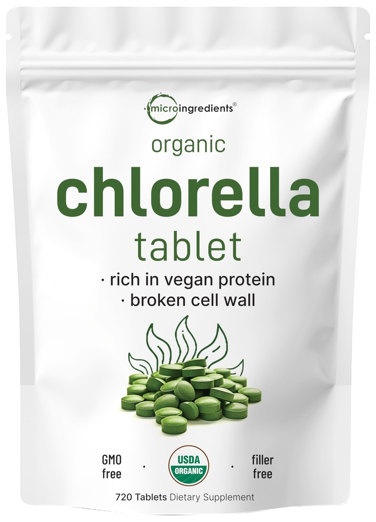 Comprimés de Chlorella biologique, 500mg par comprimé, 720 onglets (360 Grams), 4 mois d'approvisionnement, Mur de cellules brisées, riche en protéines et vitamines véganes, sans remplissage, sans additifs et non-OGM