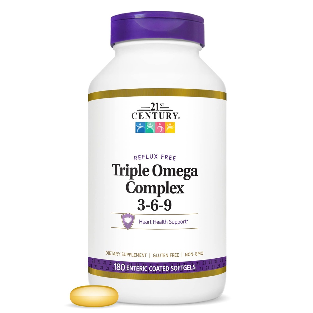 Complexe Triple Oméga du 21e siècle 3 6 9 Softgels enrobés entériques, 180 bouteilles de comptage (22875)