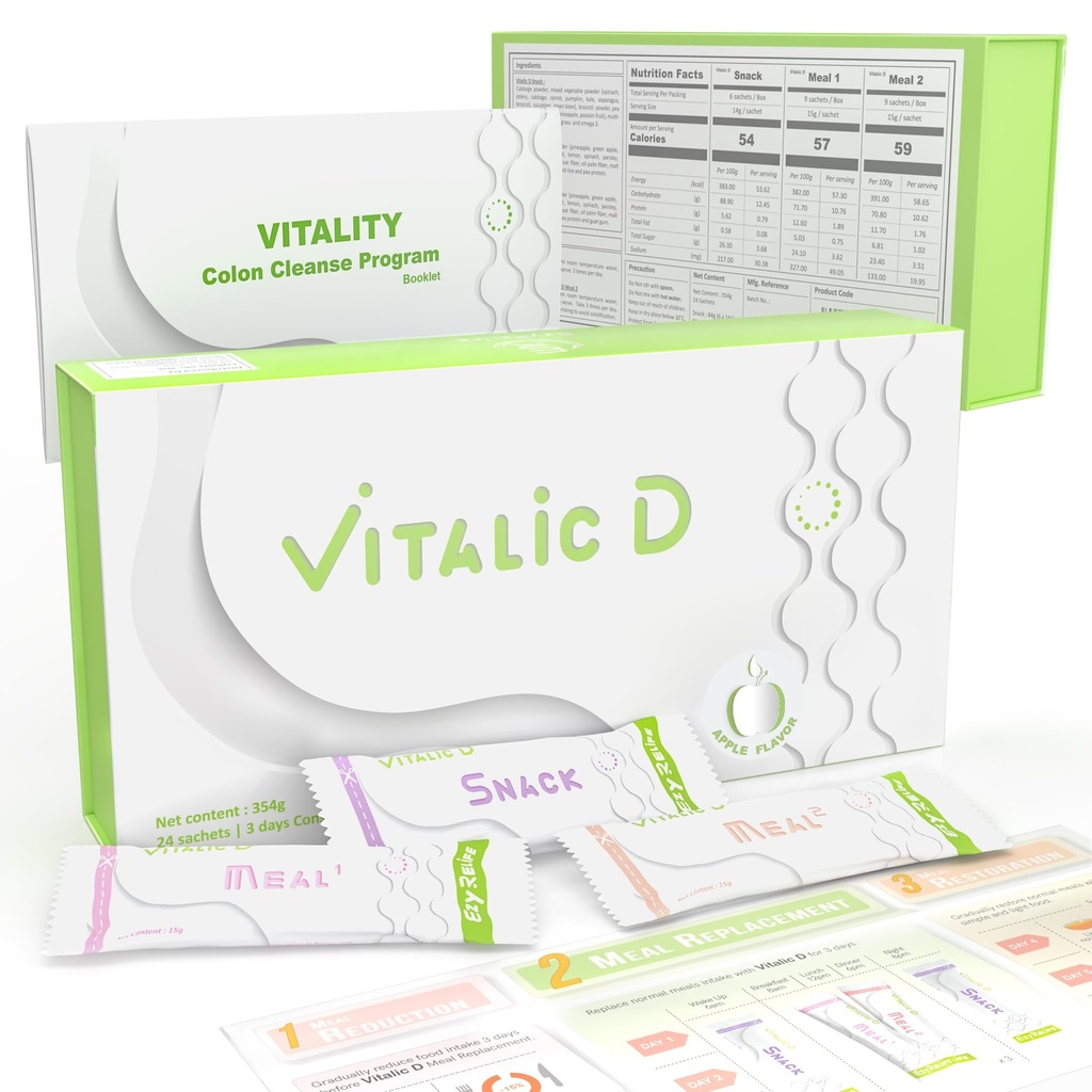 Vitalic D, 3-Day Cleanse Program & Gut Health Support &amp; Plant-Based Detox Powder Drink voor Digestief Reset, Licht Gevoelen & Dagelijkse Wellness &amp; Apple Flavor