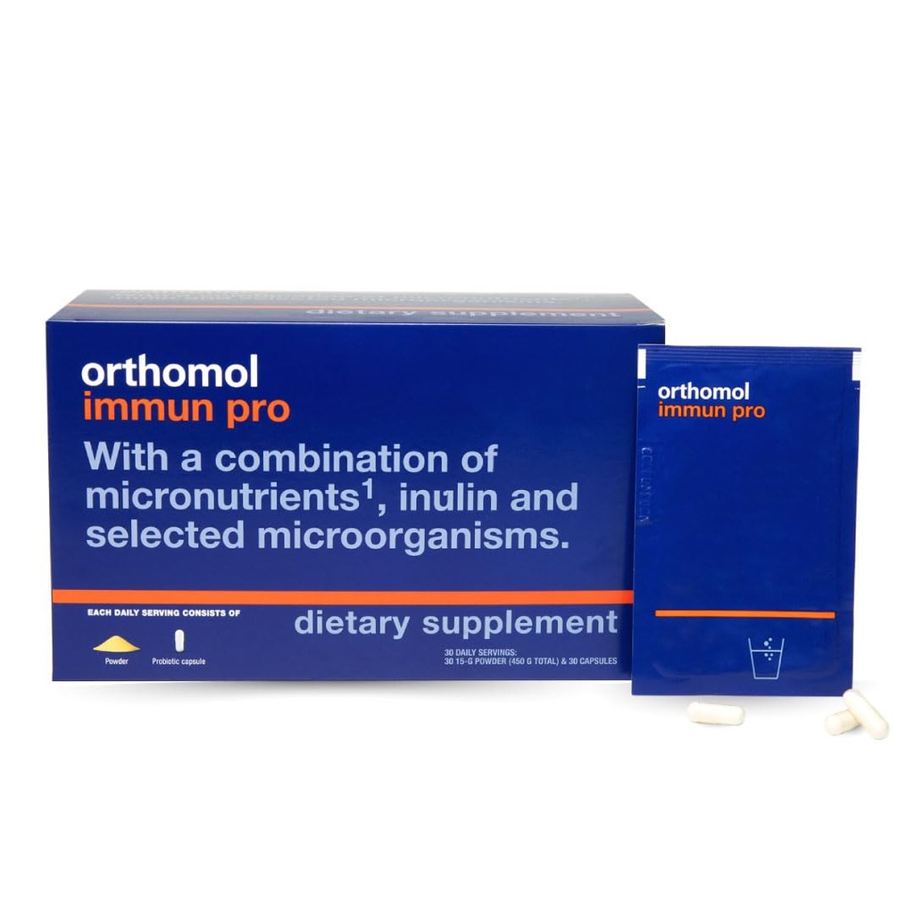 Orthomol Immun Pro, Immune Support, Probiotic Gut Health Supplement, Inulin Prebiotic Fiber, 30-dagen levering, Vitamine A, B, C, D, E, Zink, Jodium, Probiotica voor vrouwen en mannen, Dagelijkse Poeder & Capsule