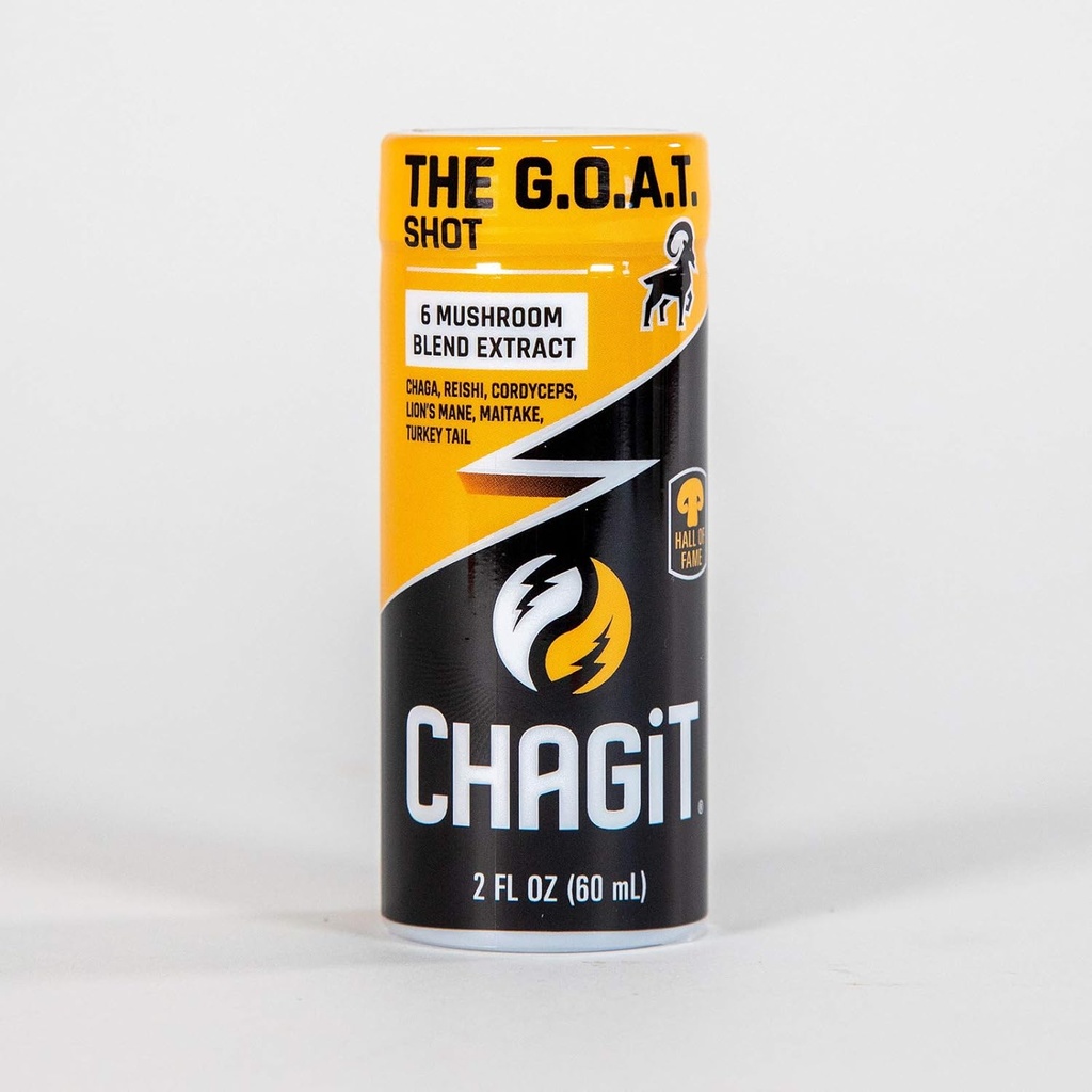 Le G.O.A.T. Shot, le plus grand de tous les tonics avec Chaga, Lion's Mane, reishi, cordyceps, Turkey Tail et maitake, Extraction liquide pure