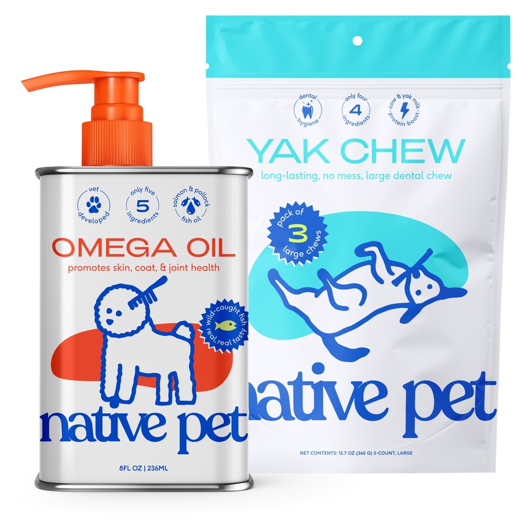 Native Pet Omega Oil for Dogs - Hond Visolie Supplementen & Yak Kauwen voor Honden . . Pasture-Raised and Organic Yak Cheese Himalaya Churpi Kauwen . . . & 3 Grote Yak Kauwen