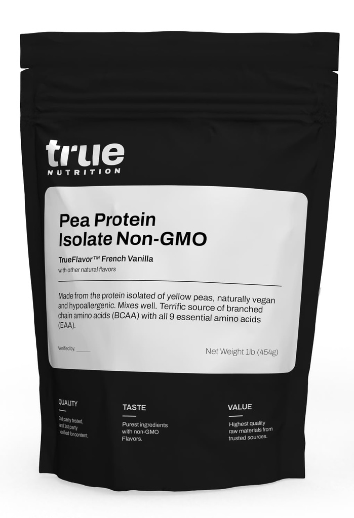 True Nutrition Pea Protein Powder Isolaat - 25g Non-GMO Vegan Protein Powder per portie - Low Carb, Low Fat, High Leucine - Glutenvrij, Zuivelvrij, Sojavrij - Franse Vanille - 1LB
