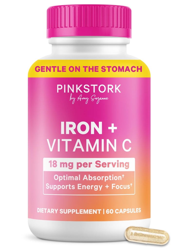 Roze Ooievaars Prenatale IJzersupplement voor vrouwen - 18 mg Niet-conscipiërend ijzer en vitamine C voor zwangerschap, postpartum, & borstvoeding - Focus, vermoeidheid, & bloedcelproductie - 2 maanden