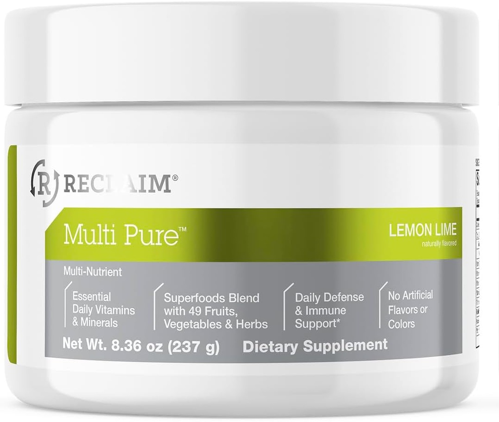 Reclaim Multi Pure Lemon Lime, Immune Support, Vitamine C, Vitamine B Complex, Probiotic, Superfood Powder, Calcium, Magnesium Oxide, (30 Servers) (Citroen Lime)