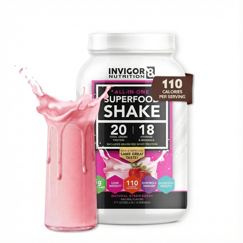 INVIGOR8 Superfood Herbe phénée Protein Isolate Shake Natural Strawberry Remplacement sans gluten et sans OGM avec probiotiques et oméga 3 (645g)