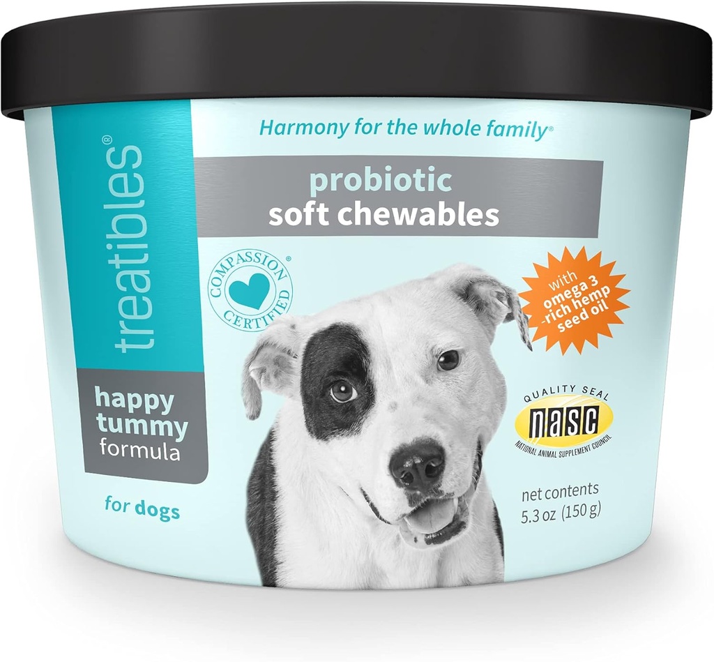 Treatibles Happy Tummy Probiotic voor honden Zachte kauwtabletten, 5.3 oz - Digestieve ondersteuning, immuunsysteem, Gut Health