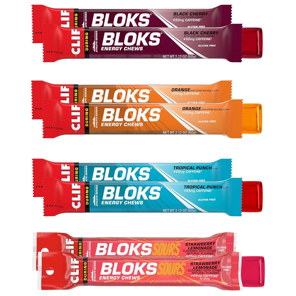 Clif Bloks - Energiekauwers met Cafeïne - Variety Pack - Non-GMO - Plant Based - Snelle brandstof voor fietsen en hardlopen - Quick Koolhydraten en Elektrolyten - 2.12 oz. Packets (8 Tel.)