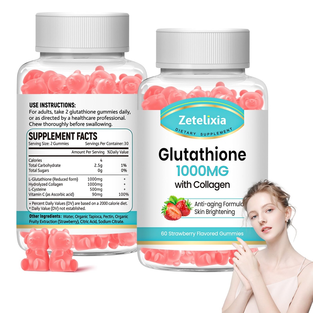 Gommies de collagène, Gommies de collagène avec vitamine C, supplément de glutathione pour les femmes, ongles de peau de cheveux Muscle et articulaire, anti-âge, végétalien, sans sucre, goût de fraise, 120 comte