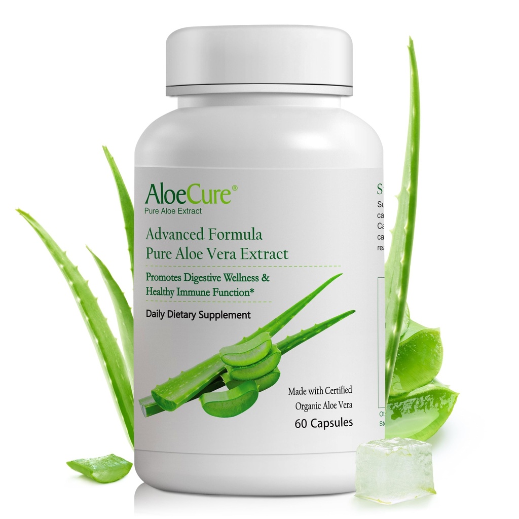 AloëCure Biologische Aloë Vera Capsules, 160.000mg Binnen Aloë Leaf Equivalent per Serving, Support Gut, Digestief, & Immune Health, helpt bij het handhaven van evenwichtige maagzuur, Aloin Free, 60 Capsules