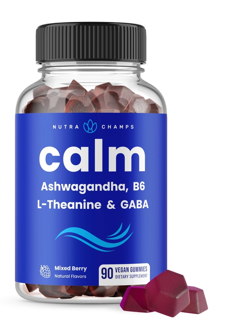 NutraChamps Kalm Gummies, Stress Gummies Supplement met Ashwagandha, L-Theanine, GABA, Vitamine B6 & Citroen Balsem, Ondersteunt Mood, Focus & Stress Relief, Natuurlijke Berry, 90 Gummies