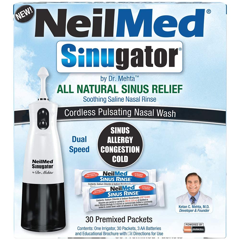 NeilMed Sinugator Irrigateur nasal pulsant sans fil (vitesse double) avec 30 paquets prémélangés et 3 piles AA - Noir (paquet de 1)