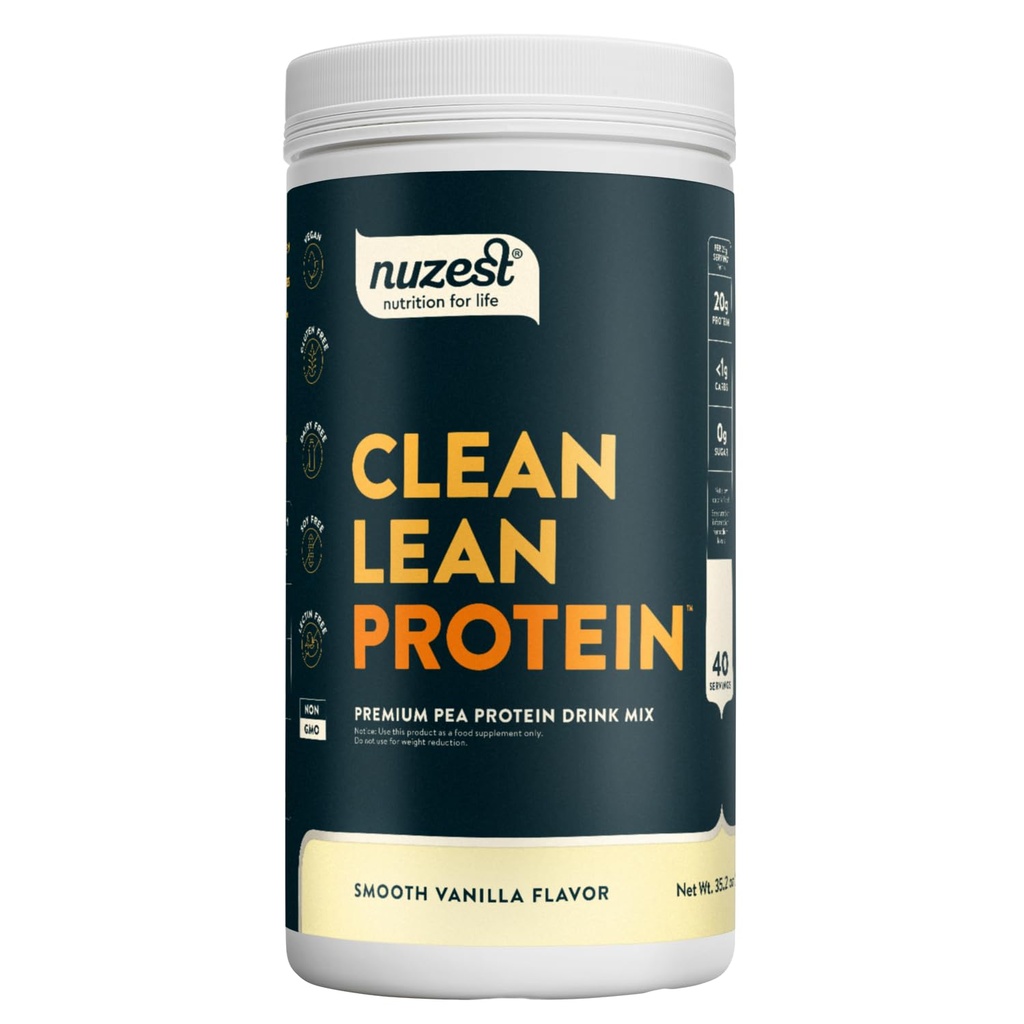Nuzest - Poudre de protéines de pois - Protéines propres, Poudre de protéines végétales premium, Sans lait, Sans gluten, Sans OGM, Agiter les protéines, Vanille lisse, 40 portions, 2,2 lb