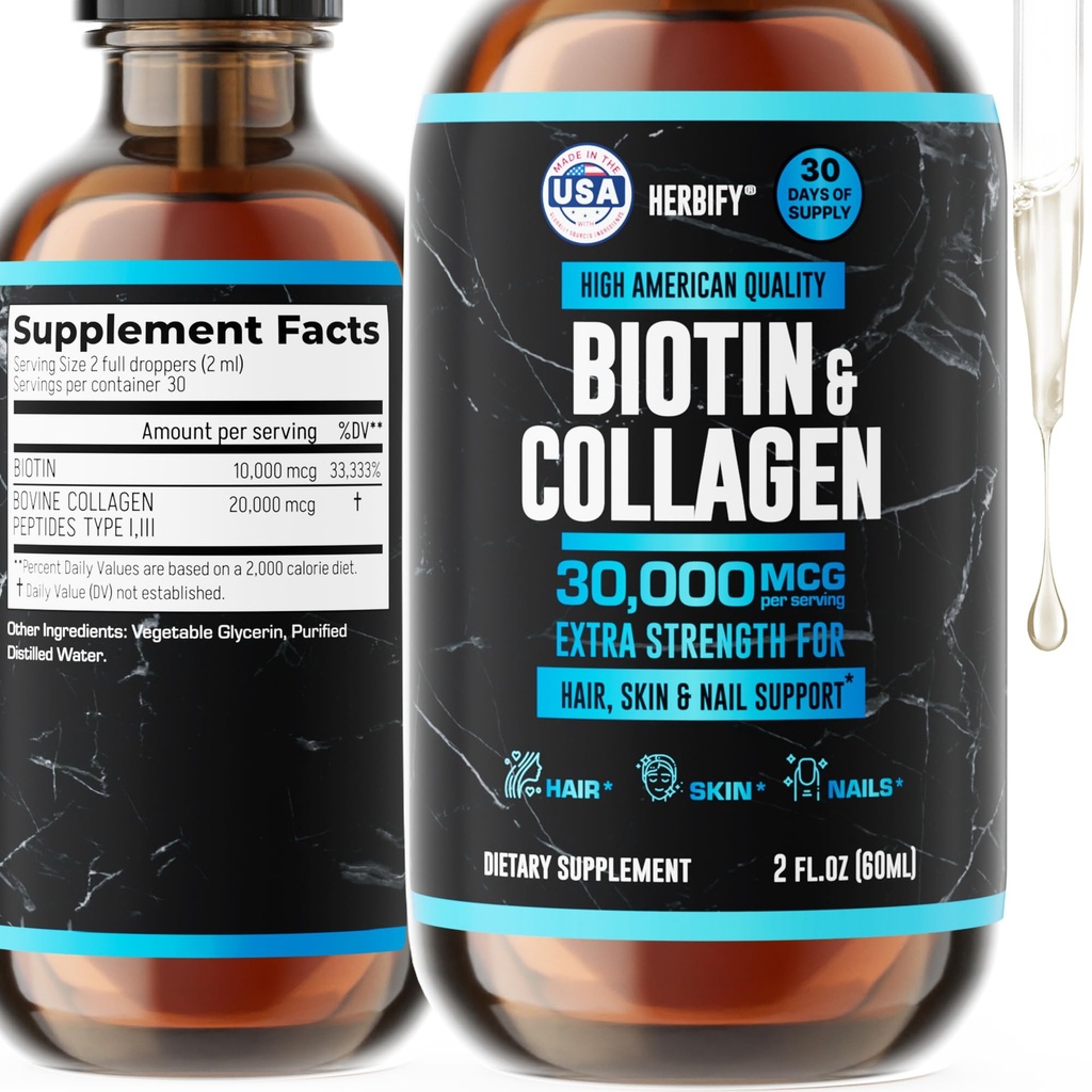 HERBIFY Collageen en Biotin Liquid Drops - Snellere Absorptie Supplement voor haargroei en sterkere nagels - Hair Skin and Nails Vitaminen voor vrouwen en mannen - B7 Supplement - Made in USA
