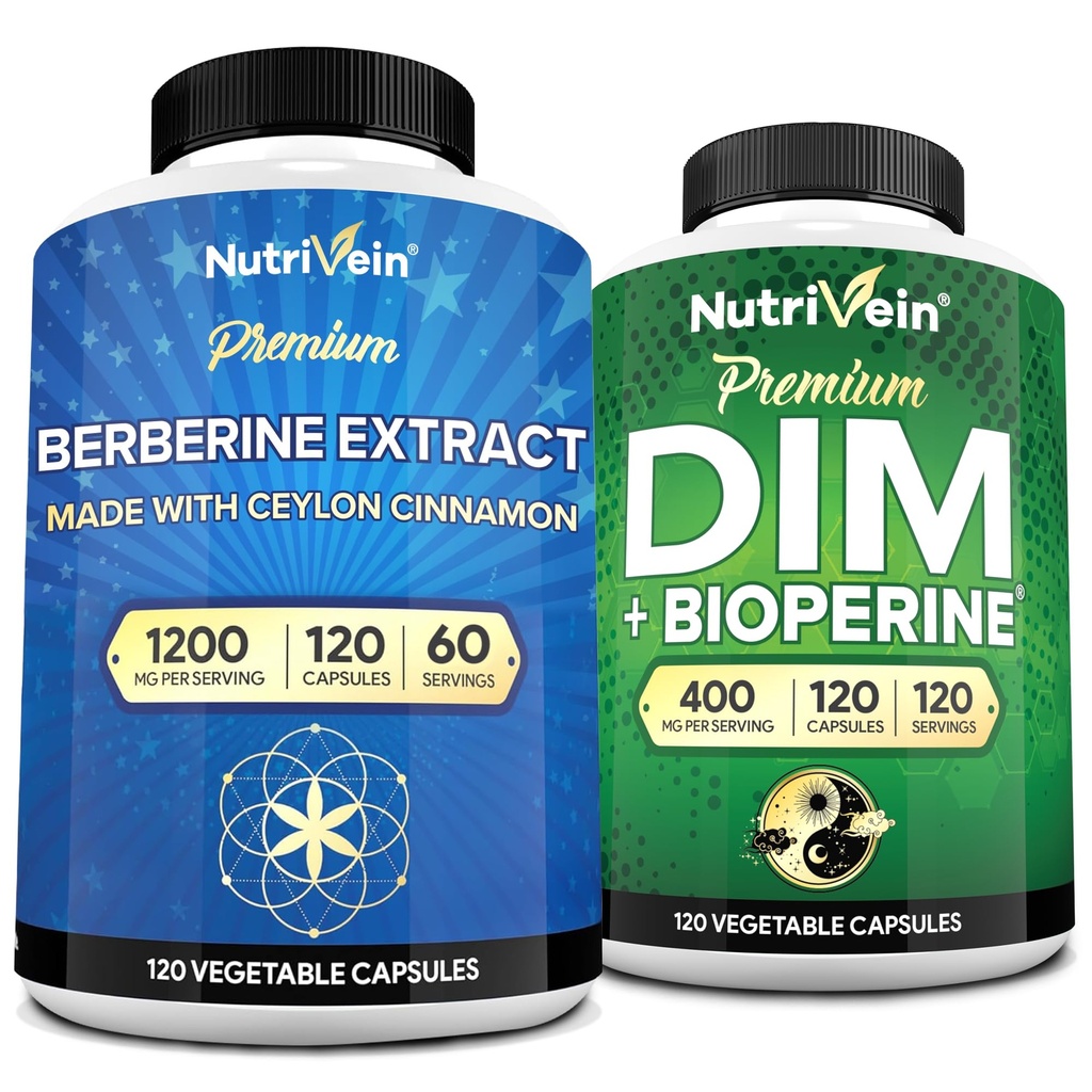 Nutrivein Premium DIM & Berberine Supplement Bundle: High-Absorptie Berberine & DIM Supplement met Bioperine - voor Hormonale Balance, Digestieve Regularity, Metabolisme, & algehele wellness
