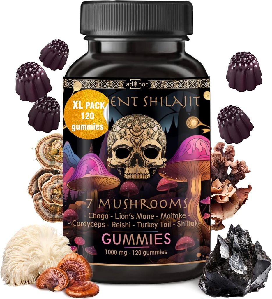 ad hoc Shilajit Pure Himalaya Organic Gummies - Immune Support, Energy Support Supplements - Shilajit Resin Lions Mane, Cordyceps, Reishi, Turkije Tail, Chaga,Shiitake Mushroom Gummies (120 Ct)