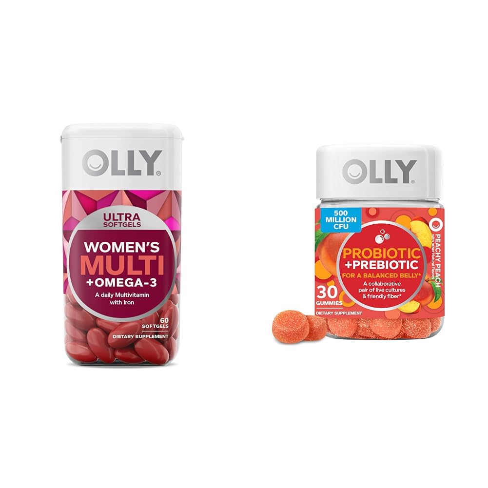 OLLY Ultra Women's Multi Softgels & Probiotic + Prebiotic Gummy, Digestive Support and Gut Health, 500 Miljoen CFUs, Fiber, Adult Chewable Supplement for Men and Women, Perach, 30 Day Supply - 30 Tellen