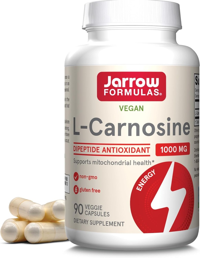 Jarrow Formulas® L-Carnosine Dipeptide Antioxidant 1000 mg, Dieetsupplement, Antioxidant Ondersteuning voor Mitochondriale Gezondheid, 90 Veggie Capsules, Tot 45 dagen Levering