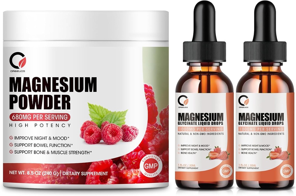 Magnésium Glycinate gouttes & 680mg Magnésium Glycinat complexe poudre pour les hommes et les femmes, soutien énergie, nuit, muscles et fonction articulaire, non-OGM, végétalien