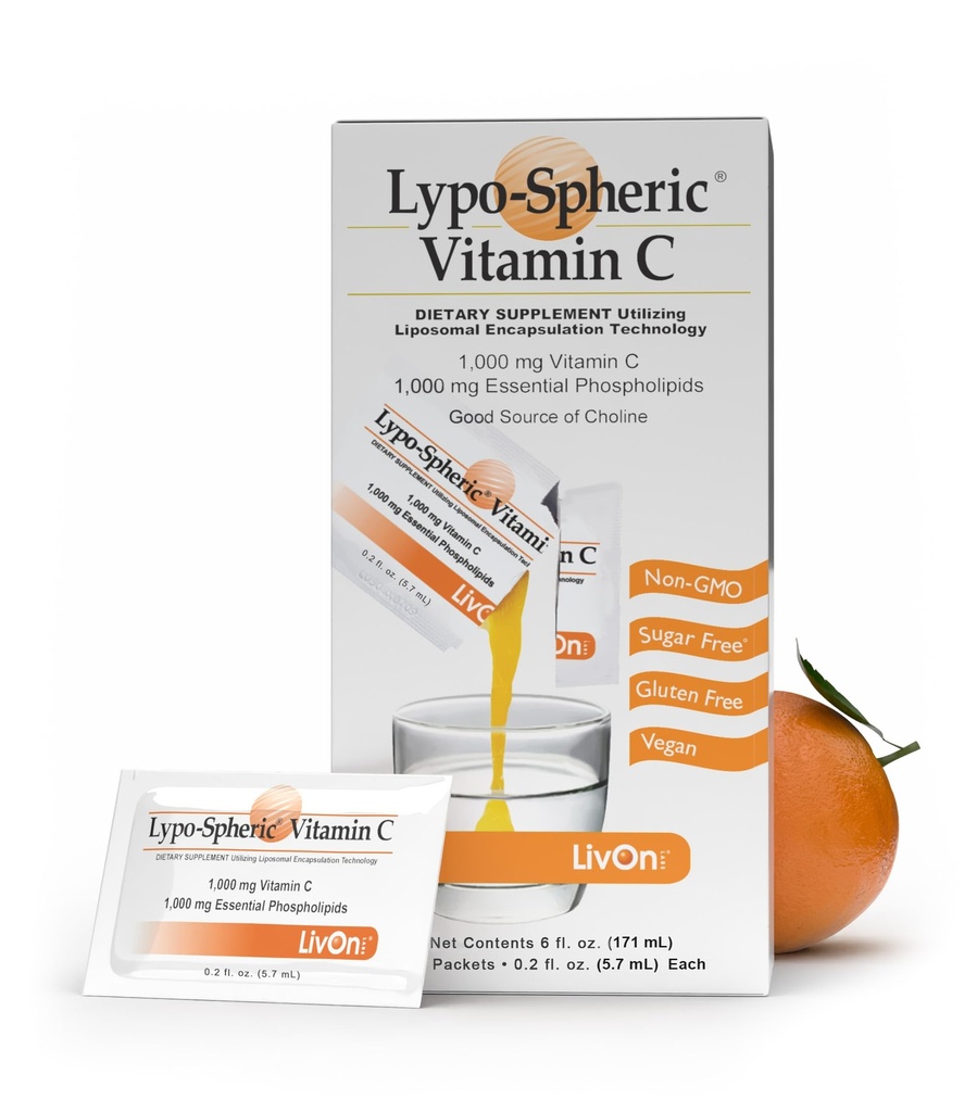 Livon Laboratories Lypo–Spheric Liposomal Vitamine C 1000mg - Pas de sucre, de soutien immunitaire, basé sur la plante - Facile à avaler, Absorbable - Non-OGM, Sans gluten (0,2 fl oz Individual 30 Packets)