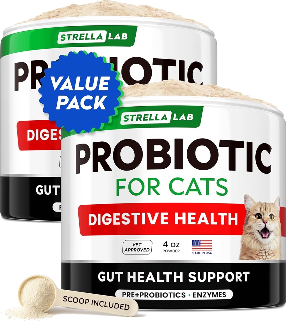 StrellaLab Poudre probiotique de chat - Probiotiques pour chats avec diarrhée - Poudre facile à mélanger - Probiotiques de chat pour chats à l'intérieur, complément alimentaire pour fournitures de santé, soutien digestif (8 oz/paquet de 2)