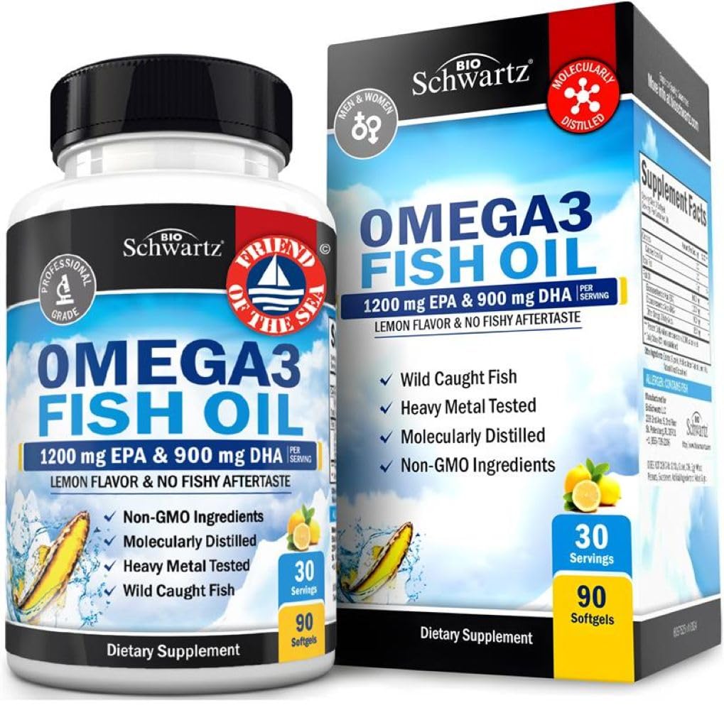 Triple Strength Omega 3 Fish Oil 3000mg - High Potency Omega 3 Supplement voor vrouwen en mannen, Burpless Lemon Flavor Fish Oil - 2250mg essentiële vetzuren met DHA & EPA, Wild Caught, 90 Softgels