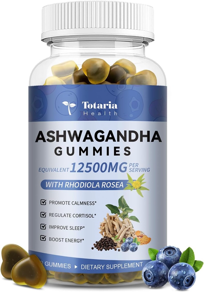 Totaria Sugar Free Ashwagandha Gevulde Gummies w/Vitamine D3, Magnesium Glycinate, Rhodiola, Ultra Strength Ashwa Root Supplementen voor vrouwen & Wen, voor ontspanning, energie, Cortisol Gummies