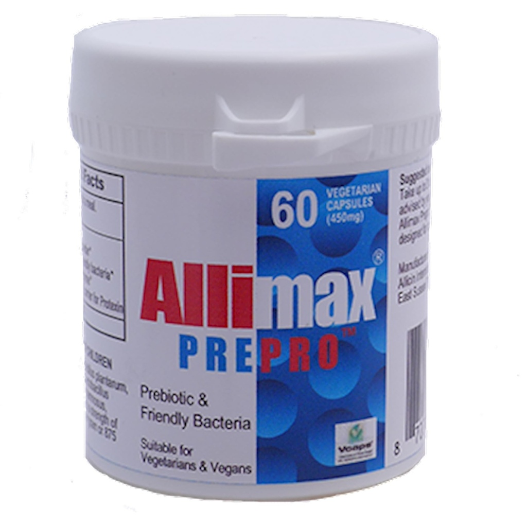 ALLIMAX Pre Pro - 60 capsules. Allicine stabilisée Plus prébiotiques, probiotiques et enzymes digestives.