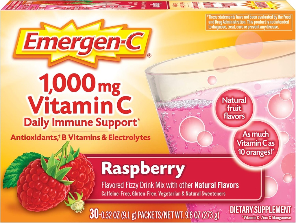 Emergen-C 1000mg vitamine C poeder, met antioxidanten, B vitamines en elektrolyten, Immuniteitssupplementen voor Immune Ondersteuning, Cafeïnevrije Fizzy Drink Mix, Raspberry smaak - 30 Tellen/1 Maand Levering