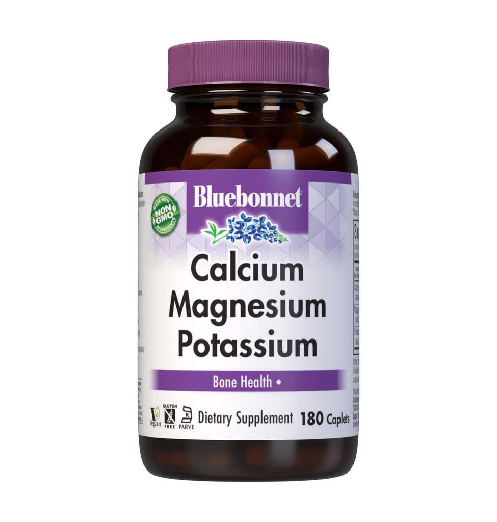 Bluebonnet Calcium Magnesium Kaliumsupplement voor vrouwen en mannen - Ondersteunt gezonde botten - Calcium 1000mg Mineraal Supplement Chelate Form - Non-GMO, Veganistisch, Glutenvrije - 180 Capletten