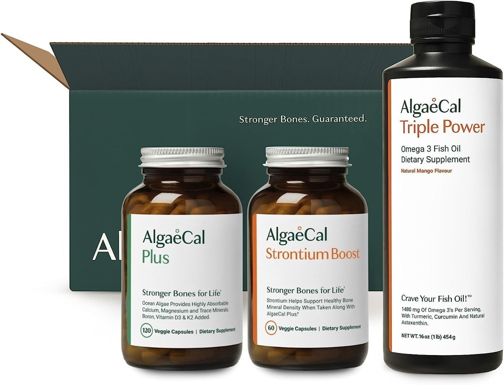 ALGAECAL Welkom Kit - Bone Builder Pack, Plant Based Calcium Supplement & Strontium, 16 voedingsstoffen voor Bone Health + EPA & DHA Omega 3 Visolie, ondersteunende hersenen, hart, huid en botten, Made in USA