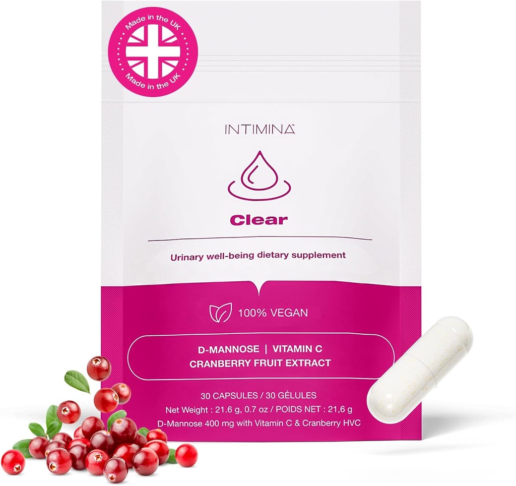 INTIMINA Clear - Vrouwen supplementen voor urinaire gezondheid met Cranberry Extract, D-mannose & Vitamine C voor UTI preventie en Bladder Welzijn, Blaas controle supplementen, Blaas ondersteuning voor vrouwen