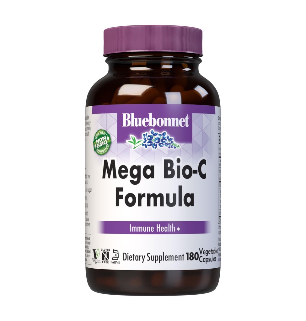 Bluebonnet Voeding Mega Bio-C Formula Plantaardige Capsules, Hoge Potentie Gebufferde Vitamine C, voor Immune Health, Sojavrij, Glutenvrij, Non-GMO, Kosher, Dairy Free, Veganist, 180 Tel.