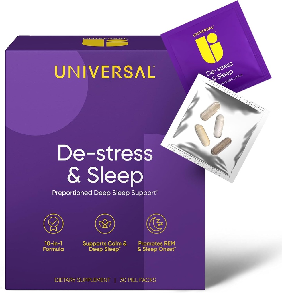 De-stress en slaapsupplement - 10-in-1 natuurlijke slaaphulp voor volwassenen, dagelijkse multivitamine met Magnesium, Melatonine, Ashwagandha, L Theanine, Valeriaanwortel, slaappillen voor mannen en vrouwen, 30 Pack