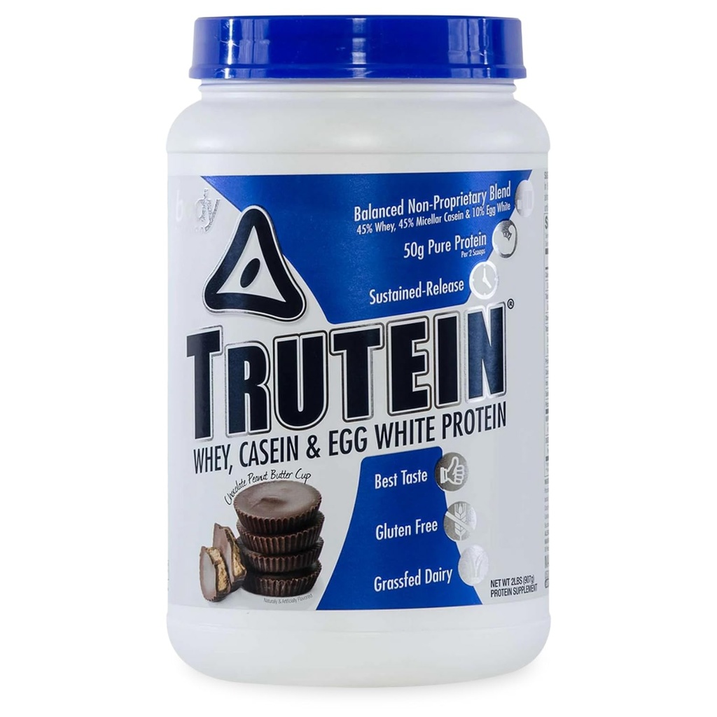 Body Nutrition Trutein High Protein Powder: 45% Wei, 45% Caseïne, 10% Egg White, Glutenvrij, Low Sodium, Grass Fed Wei Proteine Powder, Gym Supplement & Breakfast Shake, Chocolade Pindakaas, 2lb