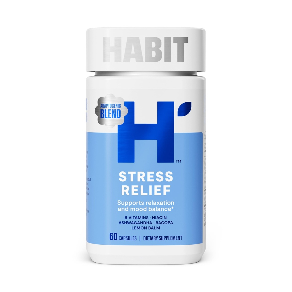 Habit Stress Relief Supplement (60 capsules) - Nieuwe look, Ondersteunt Ontspanning & Mood Balance, Vitamine B, Adaptogenen, Citroen Balsem, Kalmeren, Veganistisch, Niet-GMO (1 Pack)