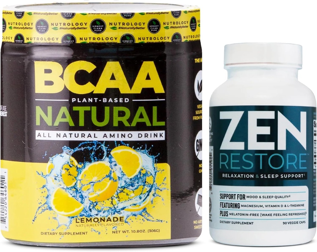 Nutrologie Zen Natural Magnesium Supplement (30 porties) & Nutrologie BCAA Natuurlijke, plantaardige BCAA poeder, limonade smaak (30 porties)