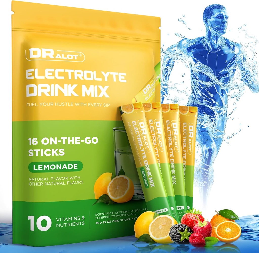 Suikervrije Electrolyten poeder met natuurlijke smaken, 3X snelle hydratatie pakketten met 10 Electrolyte & vitamines, vloeibare dagelijkse IV, Non-GMO, Glutenvrije, Keto, Veganist, 16 Sticks, Citroen