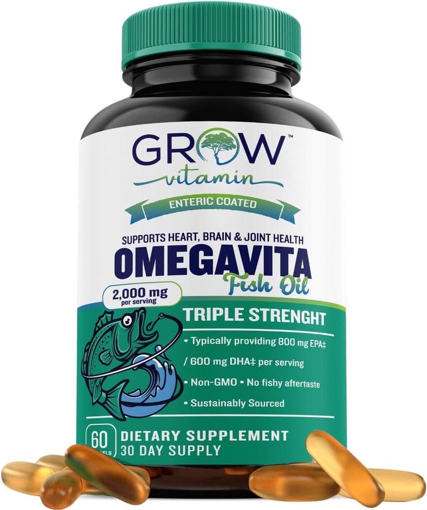 huile de poisson OmegaVita : 800 mg EPA 600 mg DHA supplément Omega 3 pour le coeur, le cerveau et le soutien immunitaire, supplément absorbant triple force huile de poisson - 2000 mg par service, 30 jours d'approvisionnement