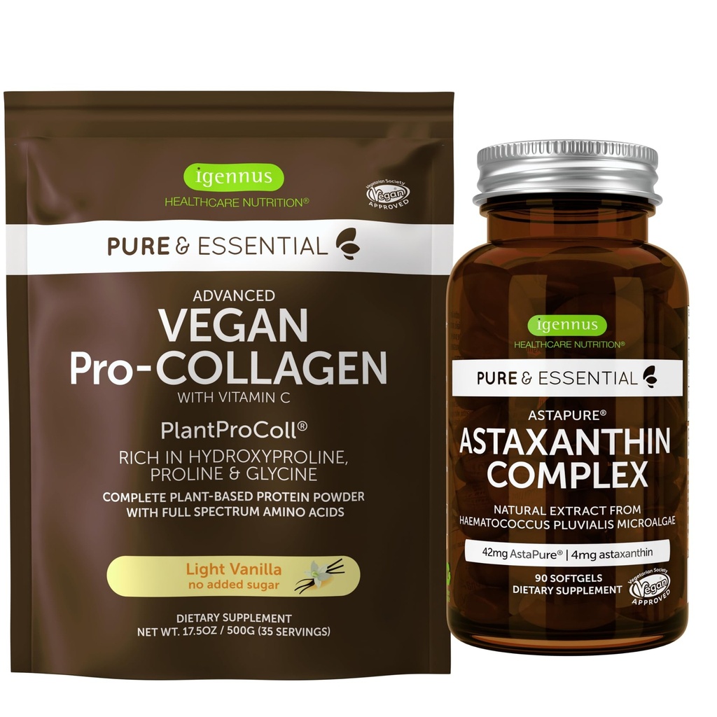 Vegan Vanilla Collagen Protein Powder + Astaxanthin Complex Vegan Bundle, Collagen Boosting Formula + Natural 4mg H. Pluvialis Astaxanthin for Hair, Skin & Nails, by Igennus