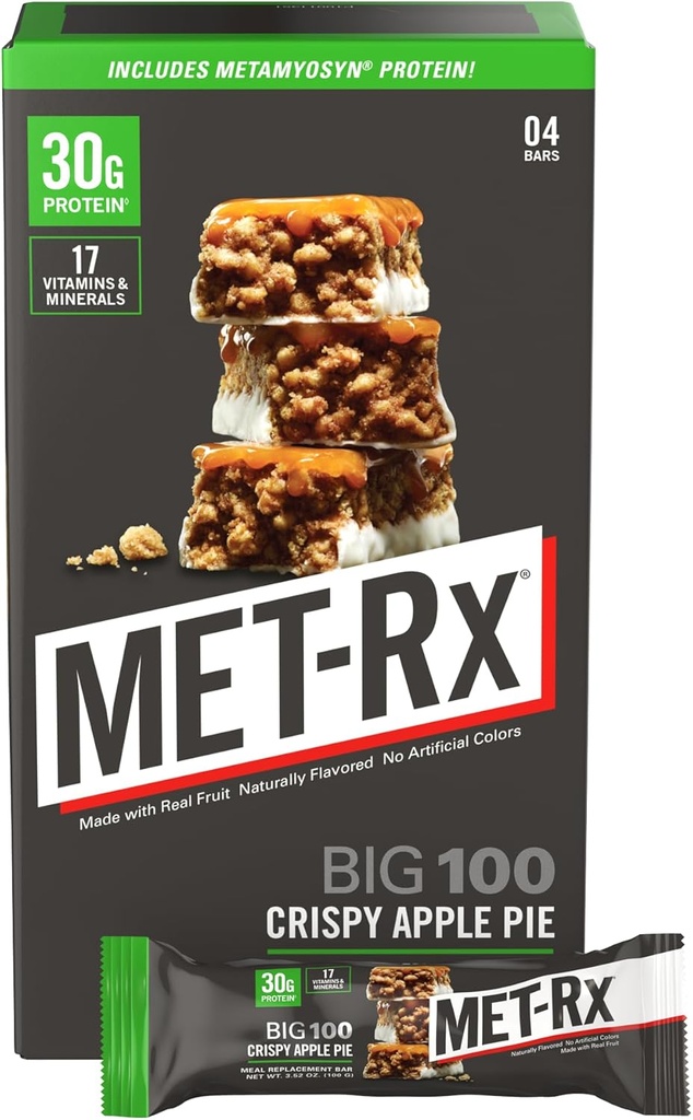 MET-Rx Big 100 Colossal Protein Bars, Crispy Apple Pie Maaltijd Vervanging Bars, 4 Tellen