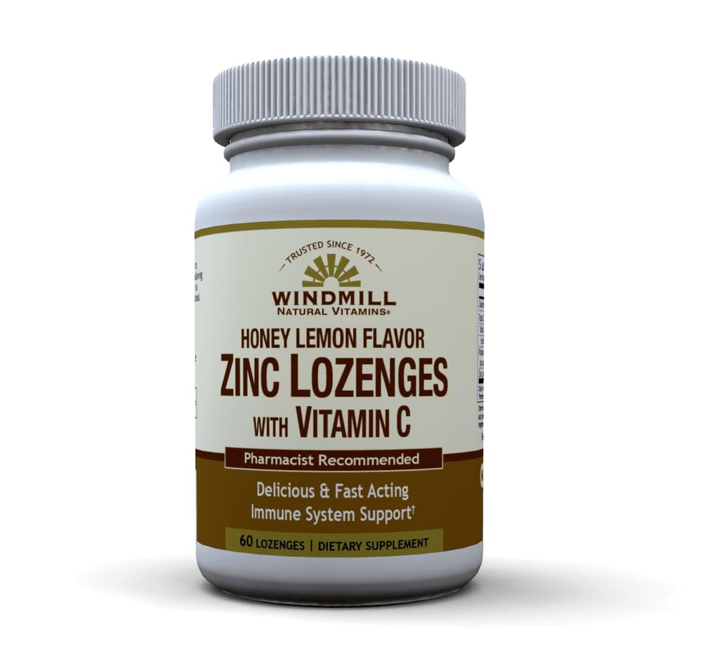 Windmolen Gezondheidsproducten Natuurlijke vitamines Zink Lozenges met vitamine C honing citroensmaak, Immuunsysteem ondersteuning, Biedt antioxidant ondersteuning, Heerlijke & Fast Acting, 60 Lozenge, 60 porties.