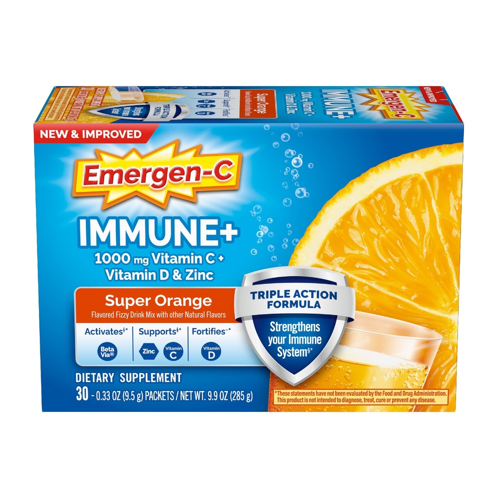 Emergen-C Immune+ Triple Action Immune Support Powder, BetaVia (R), 1000mg Vitamine C, B Vitaminen, Vitamine D en Antioxidanten, Super Oranje, Terug naar School Essentials