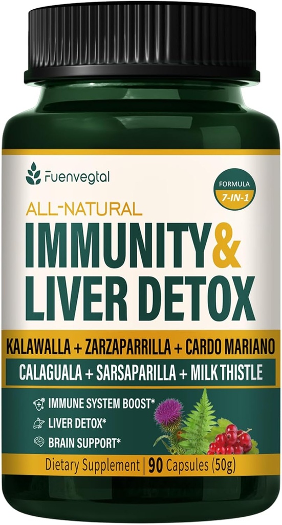 Jamaicaanse Sarsaparilla Root Immunity & Liver Detox Cleanse Capsules, Skin Health & Immune Support Supplement met Kalawalla Milk Thistle. Zarzaparrilla y Cardo Mariano para el Higado Graso. 90 Caps