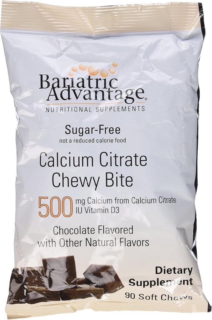 Bariatrische Voordeel Calcium Citrate Chewy Bites 500mg met vitamine D3 voor Bariatrische Chirurgie Patiënten Inclusief Gastric Bypass en Sleeve Gastrectomie, Suikervrij - Chocolade smaak, 90 Tellen