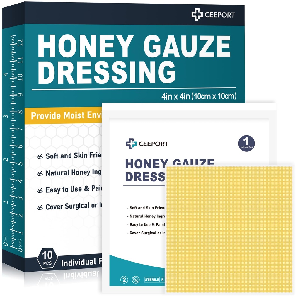 Honey Gauze Wound Dressing, 4" x 4" Manuka Honey Wound Care, Medical Grade Honing Bandages for Wound Care, Honey Patch for Faster Healing from Burns, Abrasions, Cuts and Scalds (Pack of 10)