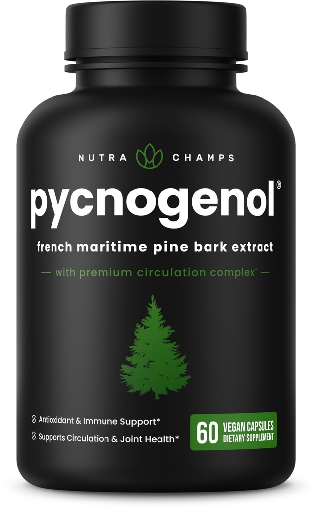 NutraChamps Pycnogenol French Maritime Pine Bark Extract, Premium Circulatie Complex, Bloedstroom, Nitric Oxide Productie, Superior Absorptie, Resultaten met Black Pepper Extract, 60 Capsules