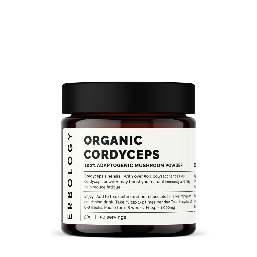 Erbologie Bio Cordyceps Poudre de champignons 50 portions - 48% Beta-glucanes - Énergie et performance - Cordyceps Sinensis - Petit lot - Croissance durable en Europe - Vegan - Non-OGM - Pas de remplissage ajouté